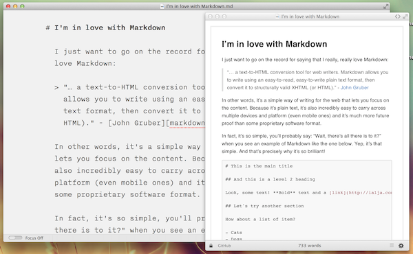 A screenshot of this blog post open in iA Writer and Marked apps side by side
