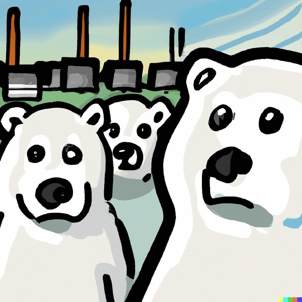 An AI-generated illustration of worried polar bears with a green field and a data center in the background.
