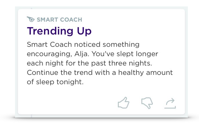 Screenshot from the Jawbone app informing the author that she has been getting more sleep over the past three nights.