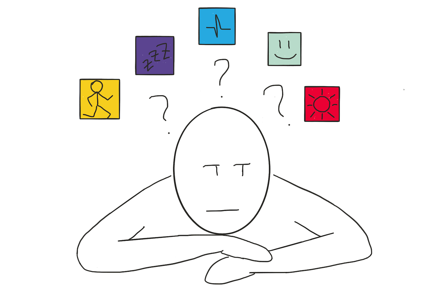 An illustration of a person thinking about different activities that personal trackers capture