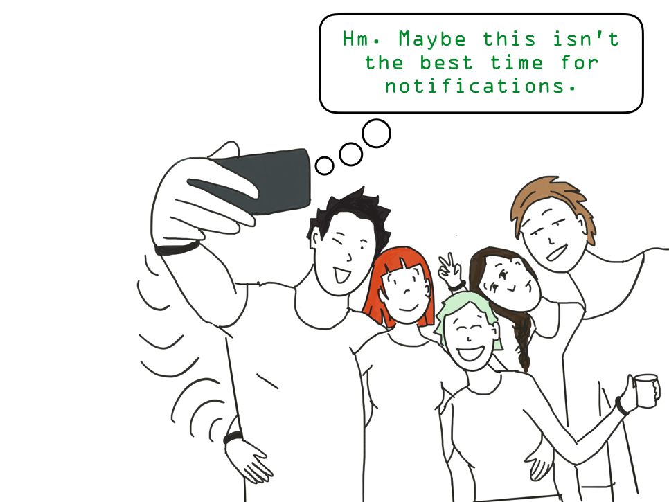 An illustration showing a group of friends partying and the phone realizing it isn't the best time to send notifications.