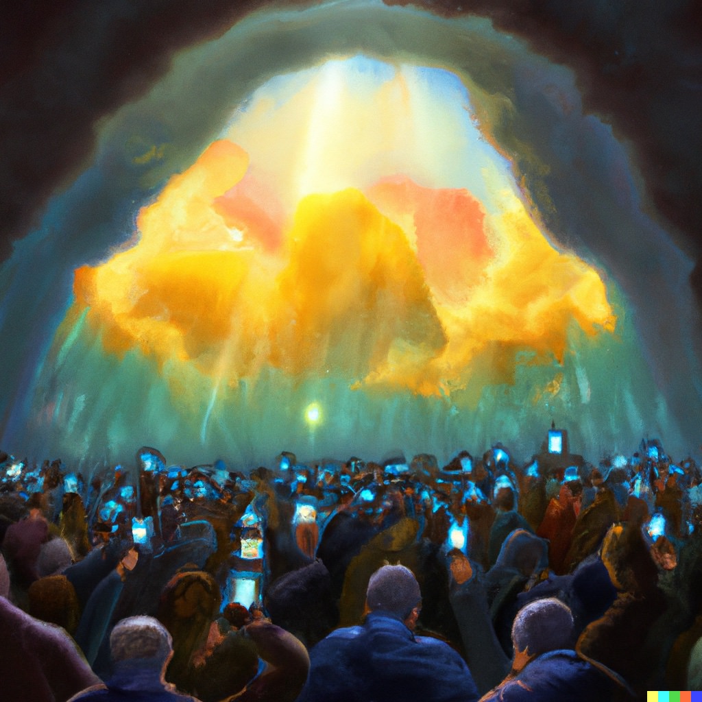 An AI-generated painting showing a bright light shining through the clouds and a crowd of people trying to capture the light from the clouds with their mobile devices.