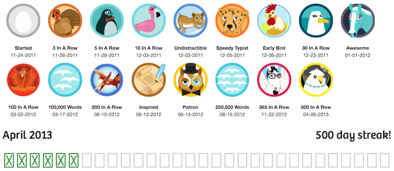A screenshot of various badges from 750words.com and a 500 days writing streak