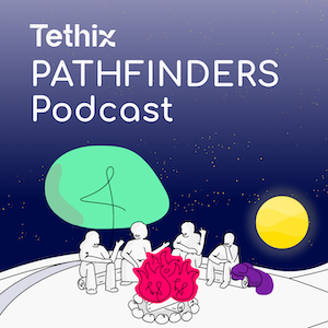 Pathfinders Podcast thumbnail showing an illustration of a group of people having a conversation around a campfire as the moon is rising over the hills.